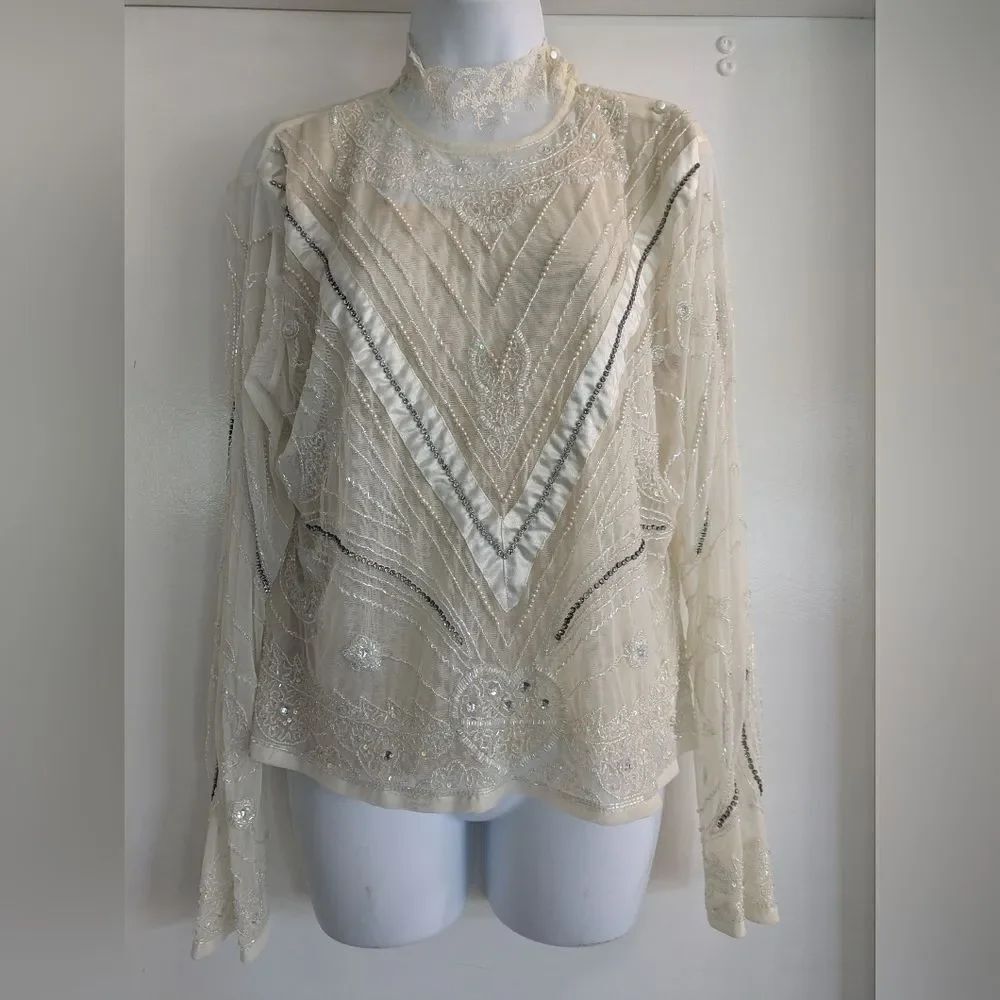 Vintage Papillon Cream Lace Beaded Sequin Blouse Lined Top Party Size XLarge